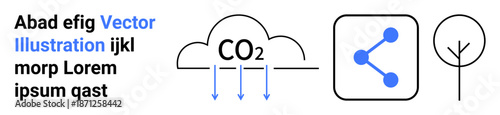 Environmental conservation, climate change, carbon footprint, data sharing, sustainability, eco-awareness. Cloud with CO2, share icon and stylized tree. Environmental conservation and climate change