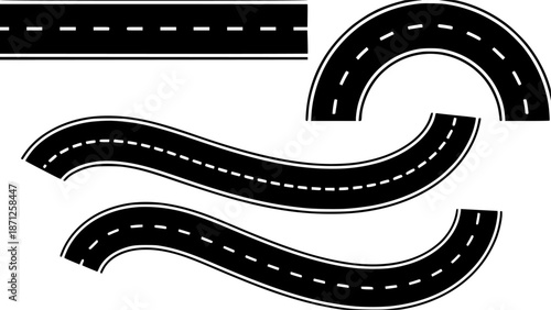 Black and white vector illustration of winding roads highways with dashed lines on a background for design layout purposes with transportation graphic resource pathway asphalt map with infrastructure