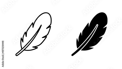 Two black and white feather graphics on plain background for design and decoration purposes with icon and illustration and clipart and minimalist with feathers