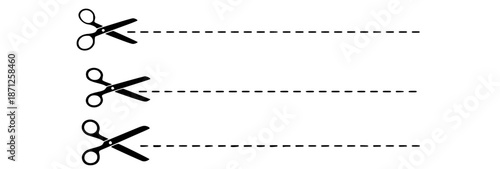 Simple black and white graphic icon illustrating three separate scissors poised ready to cut along distinct horizontal perforated or dashed cutting lines for graphic design projects.