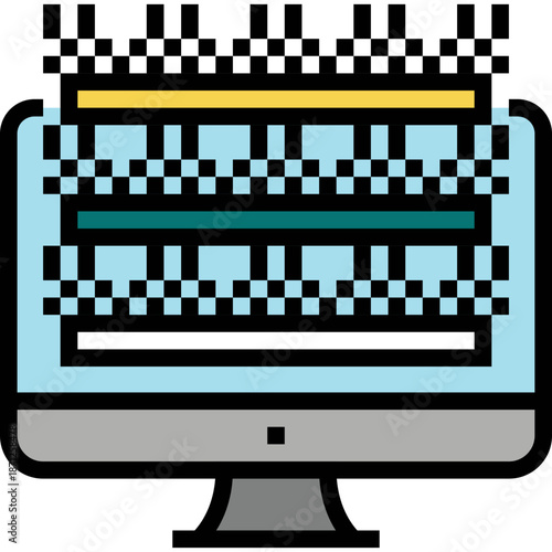 Pixelated computer screen with checkered pattern and progress bars