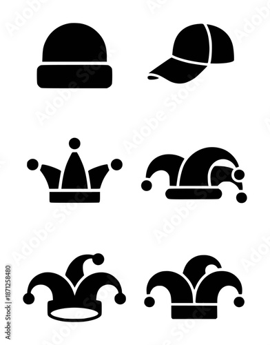 Black silhouettes of various hats and crowns white