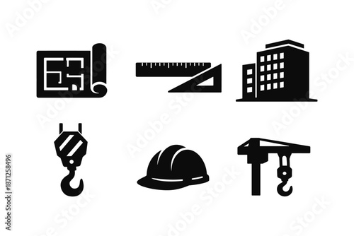 Construction elements set: blueprint, tools, building silhouettes in black and white