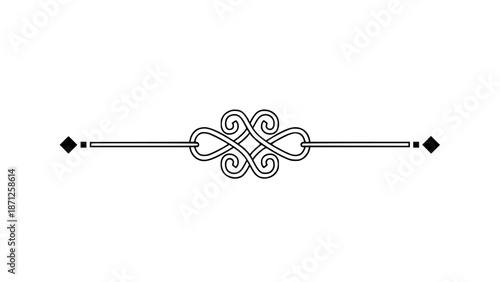 Elegant black and white horizontal decorative flourish line divider with central ornate knot design and minimalist diamond endpoints perfect for branding
