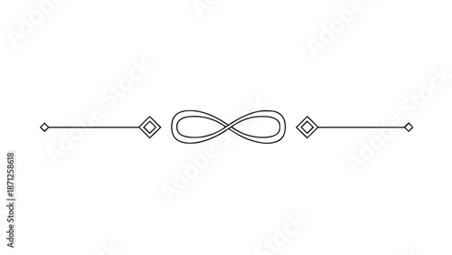 Minimalist line art ornamental divider featuring a central double-lined infinity symbol flanked by decorative horizontal lines and rhombus accents for graphic design projects