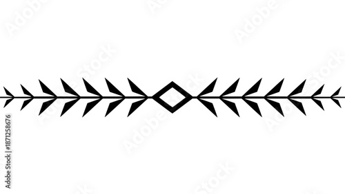 Minimalist black tribal vine design element featuring sharp, geometric leaves extending symmetrically from a central diamond shape for vector graphic separation.