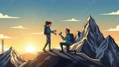 Man Proposing to Woman on Mountain Peak at Sunset