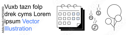 Business planning, finance, event scheduling, budget management, savings, celebration. Image shows a calendar, falling dollar coins and balloons. Business planning and finance