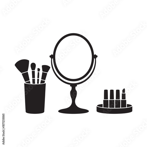 Makeup essentials a mirror brushes and lipsticks in black silhouette style