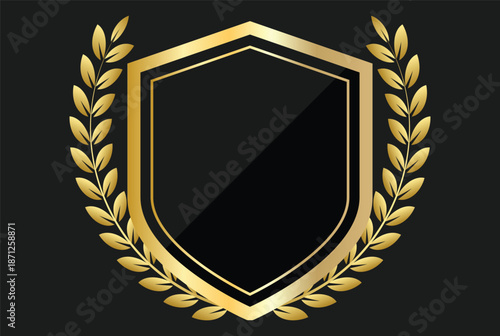 shield with gold laurels. Security and protection symbols. Golden wreath emblem graphic design. Heritage and security branding icons
