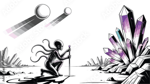 A mystical alien creature kneels before a cluster of purple crystals in a desolate landscape with meteorites in the sky.