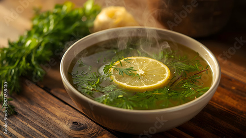 Aromatic Essence in a Bowl: A steaming bowl of vibrant, herbed soup, garnished with a fresh lemon slice, exudes warmth and culinary delight, promising a comforting experience.
