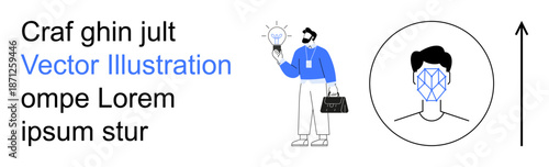 Technology, innovation, identity verification, business solutions, data security, artificial intelligence. A businessperson holding a light bulb and a face scan icon. Innovation and identity