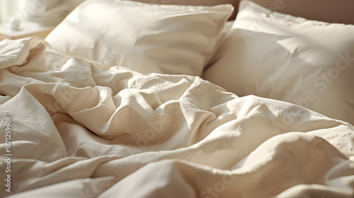 Cozy Bedding Embrace: A soft, inviting bed with a rumpled duvet and pillows evokes a sense of relaxation and comfort.