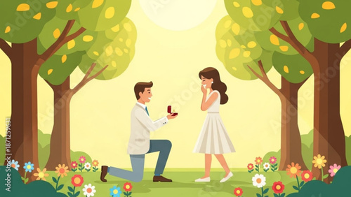 Man Proposing to Woman in Flower Field during Sunny Day