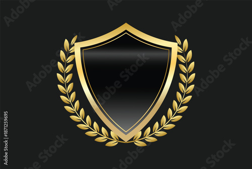 shield with gold laurels. Golden wreath emblem graphic design. Heritage and security branding icons.  Security and protection symbols
