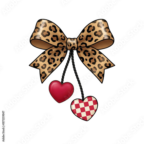 Leopard print bow with hearts isolated on transparent background