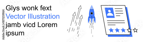 Business growth, performance evaluation, teamwork, career development, innovation, marketing strategy. Rocket launching alongside professional review document. Business growth and performance