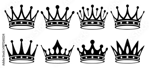 Black stylized crowns with varied points and decorative bands white royalty king