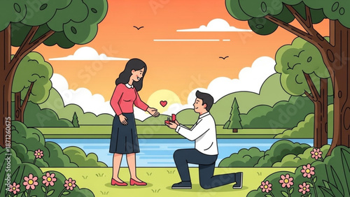 Man Proposing to Woman with Ring in Park during Sunset