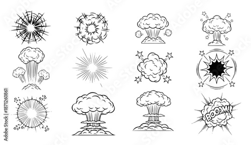 Collection of black and white comic book style explosion and burst boom
