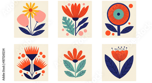 Mid Century Modern Floral Art for Web Design, Branding, and Home Decor, Cheerful Botanical Graphics