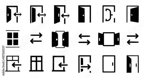 Collection of black and white depicting doors and windows with directional arrows