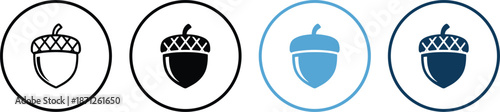 Set of acorn icons in circular frames featuring line art and solid styles in black and blue colors.