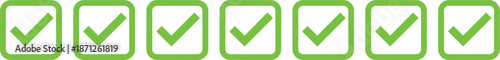 Row of green check marks in square boxes representing completion of tasks success approval and a positive checklist result.