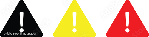 Warning sign icon set, black yellow red triangle with exclamation mark, flat vector illustration, safety alert hazard symbol graphic