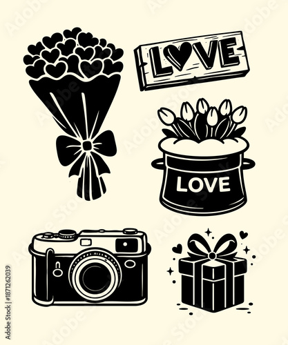 Valentine’s Day Love Silhouette Icons Set – Romantic Gift, Flowers, Camera Vector Collection
