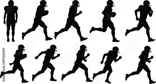 American football player running sequence silhouettes, athlete motion poses, sports illustration, sprint stages, helmet, football, speed, action, training, game reference