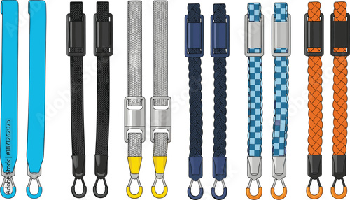 Wrist strap icon set, assorted lanyard designs with loops and connectors in varied colors, flat vector illustration, accessory theme