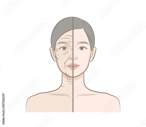 Split illustration of aged vs youthful female skin with gray hair and visible facial contrast.