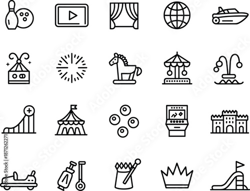 Amusement park icon set, carnival elements, fairground rides, circus, arcade, entertainment, fun, family activity, outdoor festival, adventure