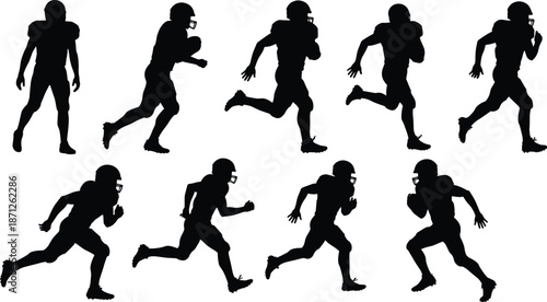 American football player running silhouettes, athlete motion poses, sports illustration, sprint stages, helmet, football gear, speed, action, training, game reference