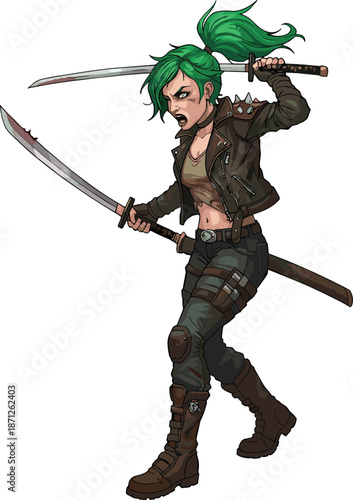 Anime warrior illustration, dual katana fighter artwork, green‑haired battle character, fantasy combat hero, action pose design, samurai inspired fighter, intense adventure scene