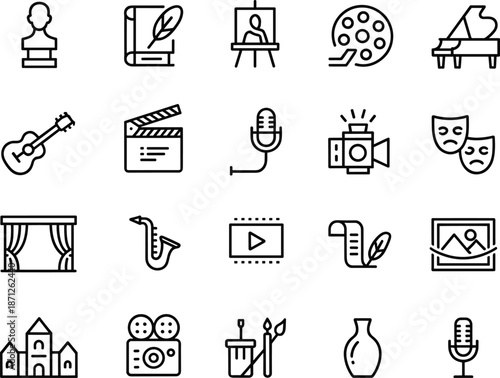 Art and entertainment icons, music instruments, painting tools, theater masks, movie camera, stage curtains, microphone, video editing, gallery, creative hobby, artistic expression, cultural symbols