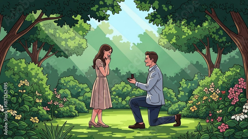 Man Proposing to Woman in Lush Green Garden during Sunny Day