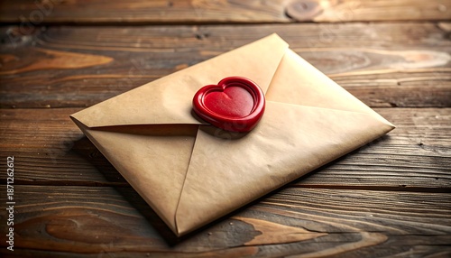 Envelope with a heart-shaped wax seal on a wooden table.