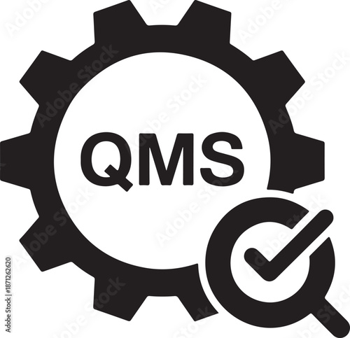 Quality Management System QMS icon, gear and magnifying glass