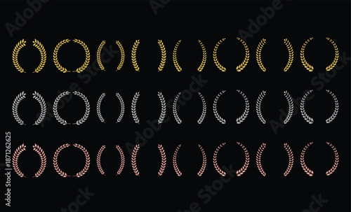 gold, silver and bronze laurel wreath. Winner ranking symbols. Award and achievement signs. Gold silver bronze laurel symbol
