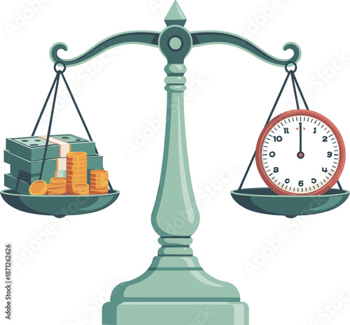 Balancing time and money, investment priorities, work-life tradeoff, financial decisions concept, clock and cash on vintage scale