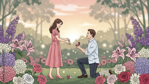 Man Proposing to Woman in Floral Garden during Sunset