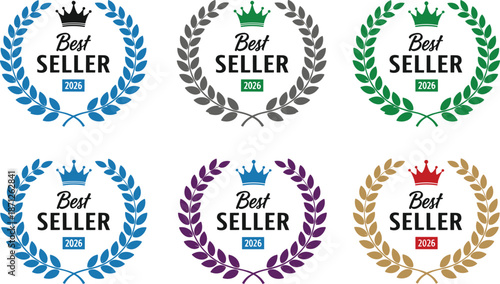Best seller 2026 award badge set with laurel wreath and crown icons in various colors isolated on white background for commercial marketing,