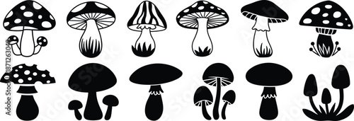 Black and white mushroom vector set, hand-drawn fungus illustrations, various mushroom shapes, natural botanical elements, organic food design collection