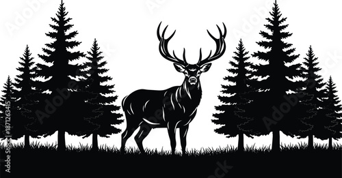Black silhouette of a majestic stag deer standing in a pine forest meadow, wilderness nature landscape vector illustration, hunting outdoors adventure design.