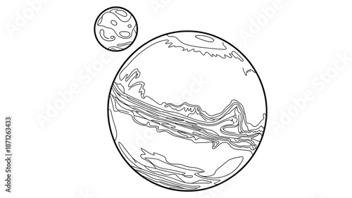 A minimalist line art illustration of a planet and its moon in a simple, flat design
