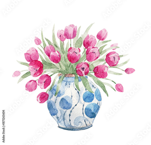 Hand-painted watercolor bouquet of pink tulips in a decorative ceramic vase with blue ornament. Elegant spring floral illustration isolated on white, perfect for wall art, posters, stationery, wedding