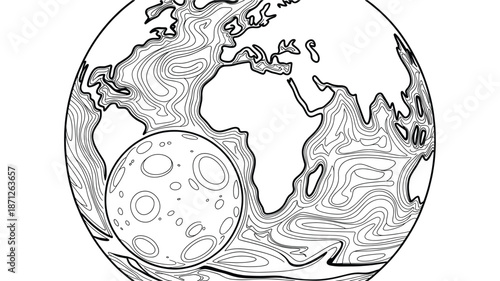A black and white line art illustration of the Earth with a moon in a minimalist design style